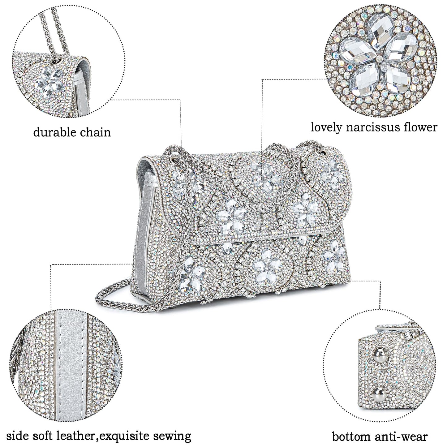 Flower Evening Handbags Chain Strap Square Shoulder Bag Crossbody Bag Crystals Rhinestone Clutch Purse