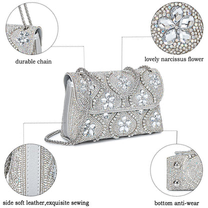 Flower Evening Handbags Chain Strap Square Shoulder Bag Crossbody Bag Crystals Rhinestone Clutch Purse