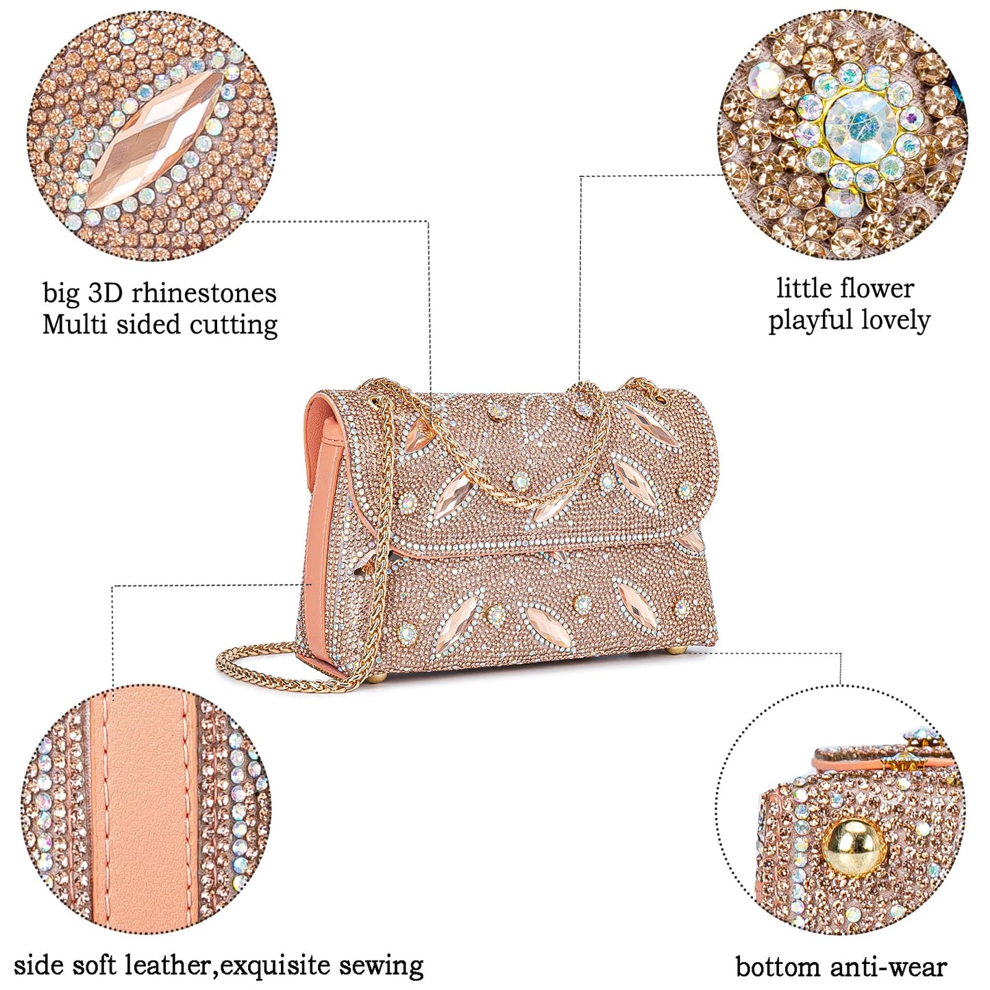 Flower Evening Handbags Chain Strap Square Shoulder Bag Crossbody Bag Crystals Rhinestone Clutch Purse