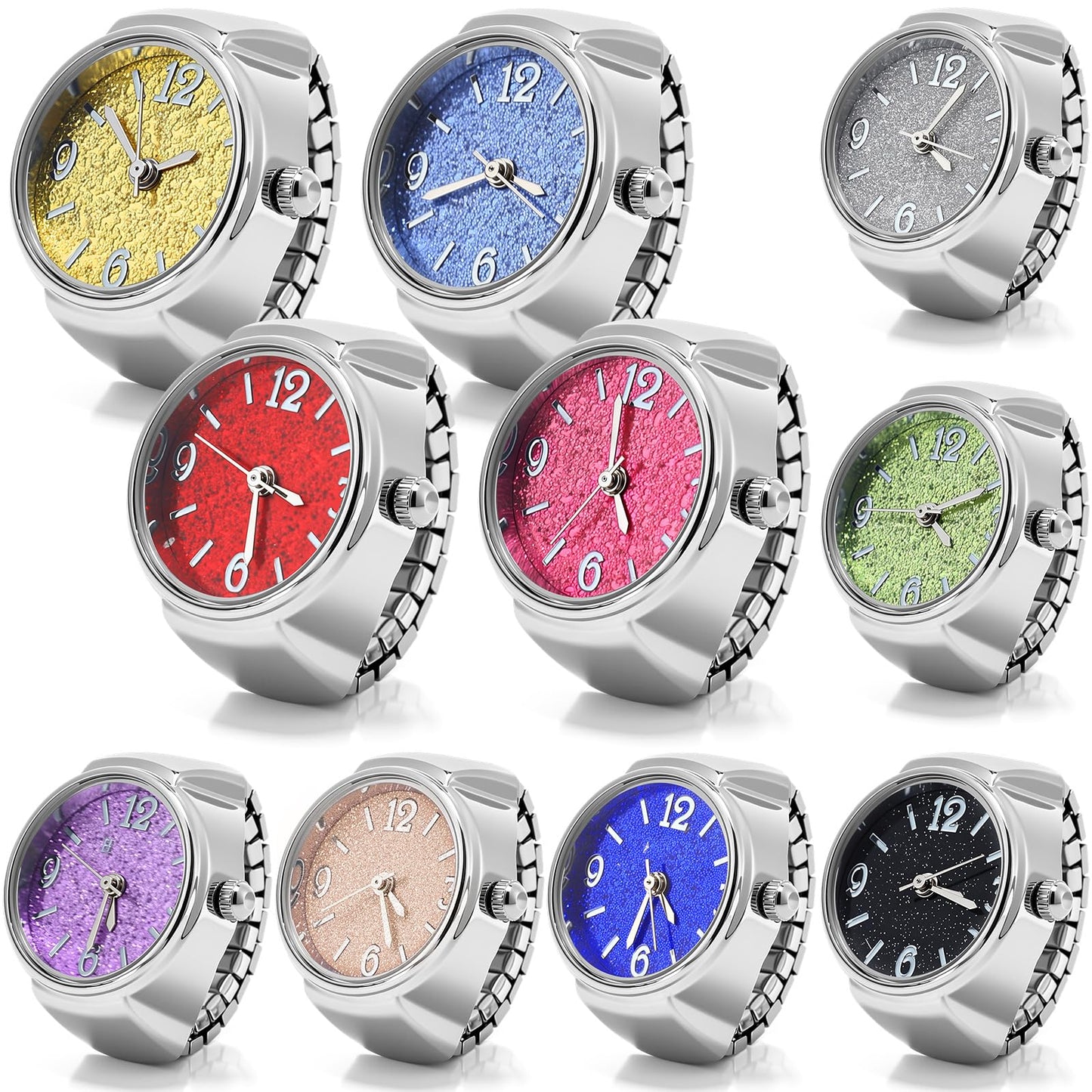 Landical 10 Pcs Finger Watches for Women Men Adjustable Clock Rings Bulk Creative Elastic Round Quartz Finger Watches