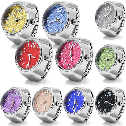Landical 10 Pcs Finger Watches for Women Men Adjustable Clock Rings Bulk Creative Elastic Round Quartz Finger Watches