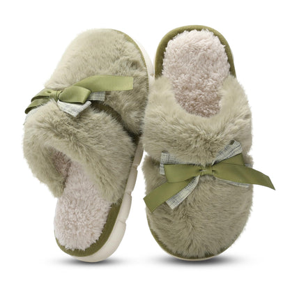 Cute Women's Memory Foam House Slippers - Fuzzy Plush Faux Fur Slippers with Bow Butterfly Tie - Anti-Skid Indoor/Outdoor Gifts for Women, Moms & Ladies