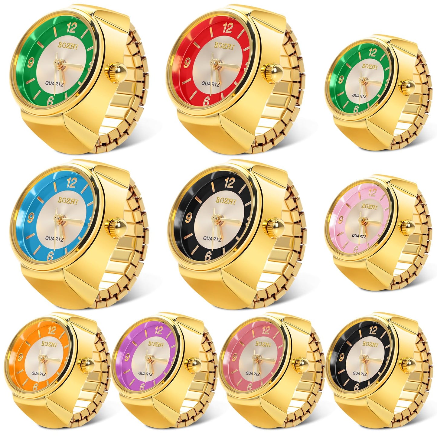 Landical 10 Pcs Finger Watches for Women Men Adjustable Clock Rings Bulk Creative Elastic Round Quartz Finger Watches