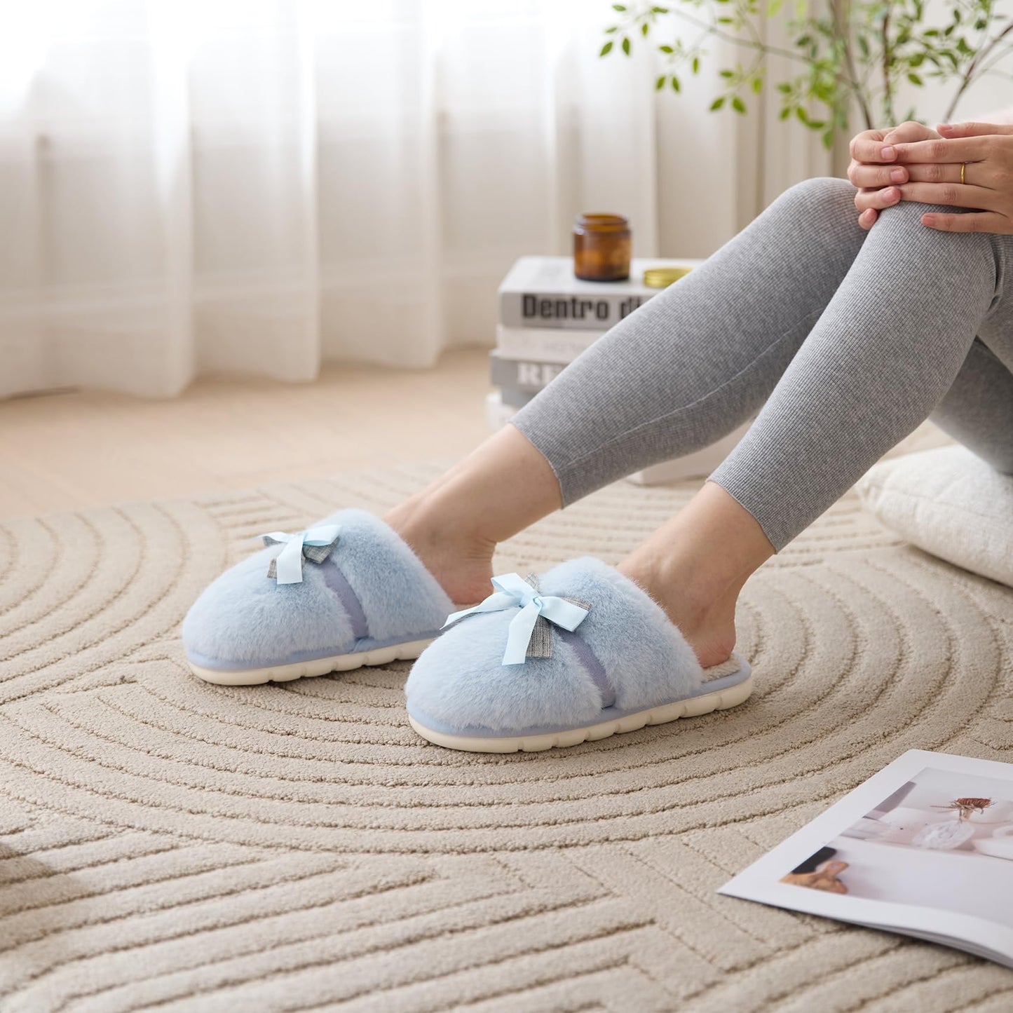 Cute Women's Memory Foam House Slippers - Fuzzy Plush Faux Fur Slippers with Bow Butterfly Tie - Anti-Skid Indoor/Outdoor Gifts for Women, Moms & Ladies