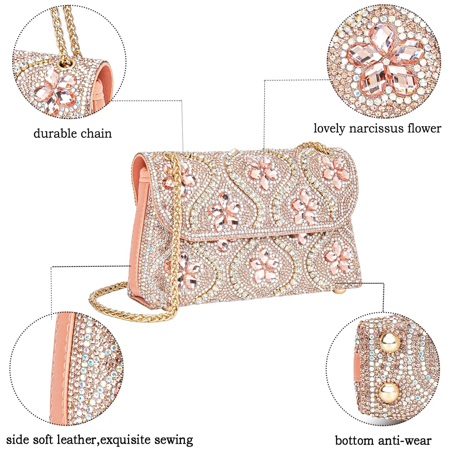 Flower Evening Handbags Chain Strap Square Shoulder Bag Crossbody Bag Crystals Rhinestone Clutch Purse