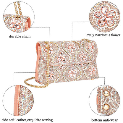 Flower Evening Handbags Chain Strap Square Shoulder Bag Crossbody Bag Crystals Rhinestone Clutch Purse