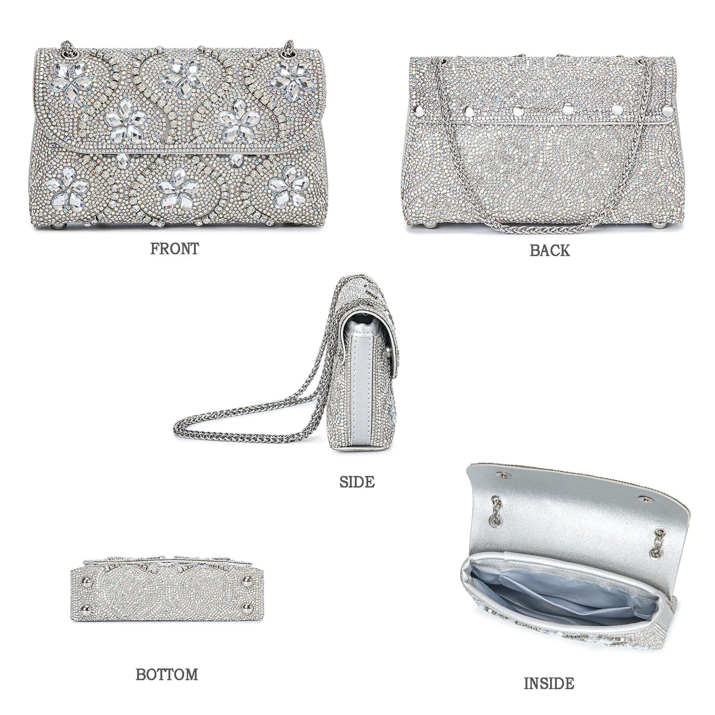 Flower Evening Handbags Chain Strap Square Shoulder Bag Crossbody Bag Crystals Rhinestone Clutch Purse