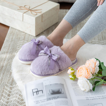 Cute Women's Memory Foam House Slippers - Fuzzy Plush Faux Fur Slippers with Bow Butterfly Tie - Anti-Skid Indoor/Outdoor Gifts for Women, Moms & Ladies