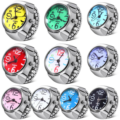 Landical 10 Pcs Finger Watches for Women Men Adjustable Clock Rings Bulk Creative Elastic Round Quartz Finger Watches