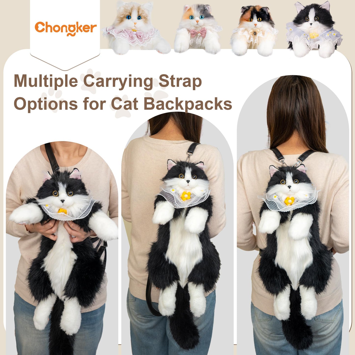 Chongker Cat Shaped Backpack - Handcrafted Stuffed Animals Plush Bag with Adjustable Shoulder, Crossbody, and Handbag Straps (MaineCoon Cat)