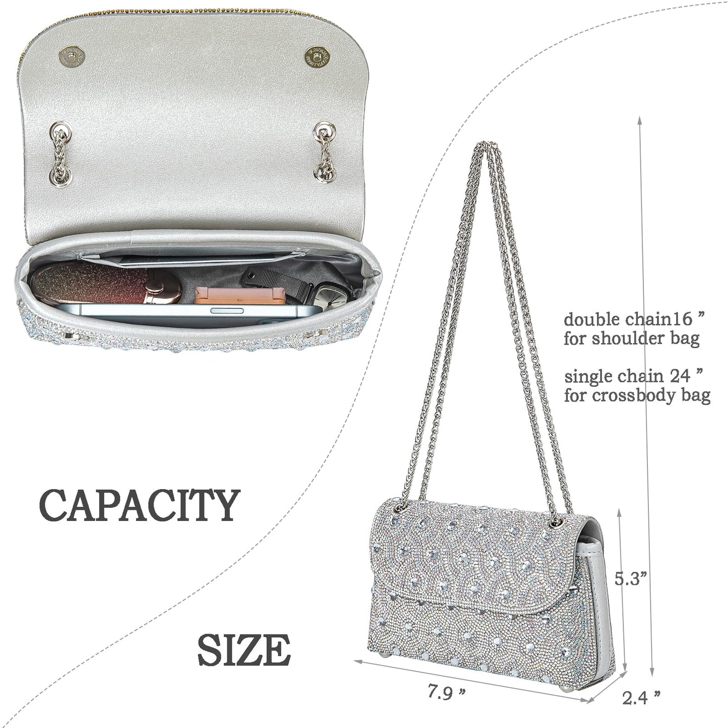 Flower Evening Handbags Chain Strap Square Shoulder Bag Crossbody Bag Crystals Rhinestone Clutch Purse