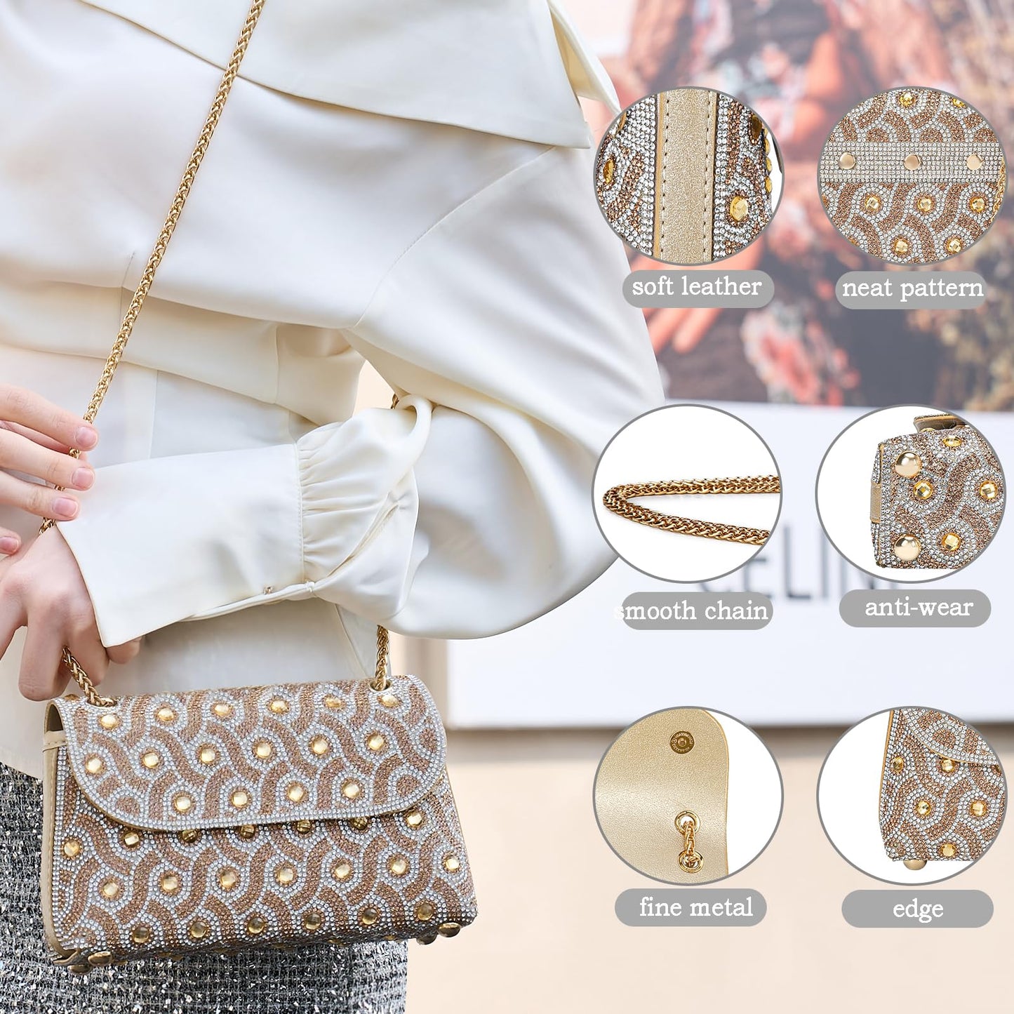 Flower Evening Handbags Chain Strap Square Shoulder Bag Crossbody Bag Crystals Rhinestone Clutch Purse