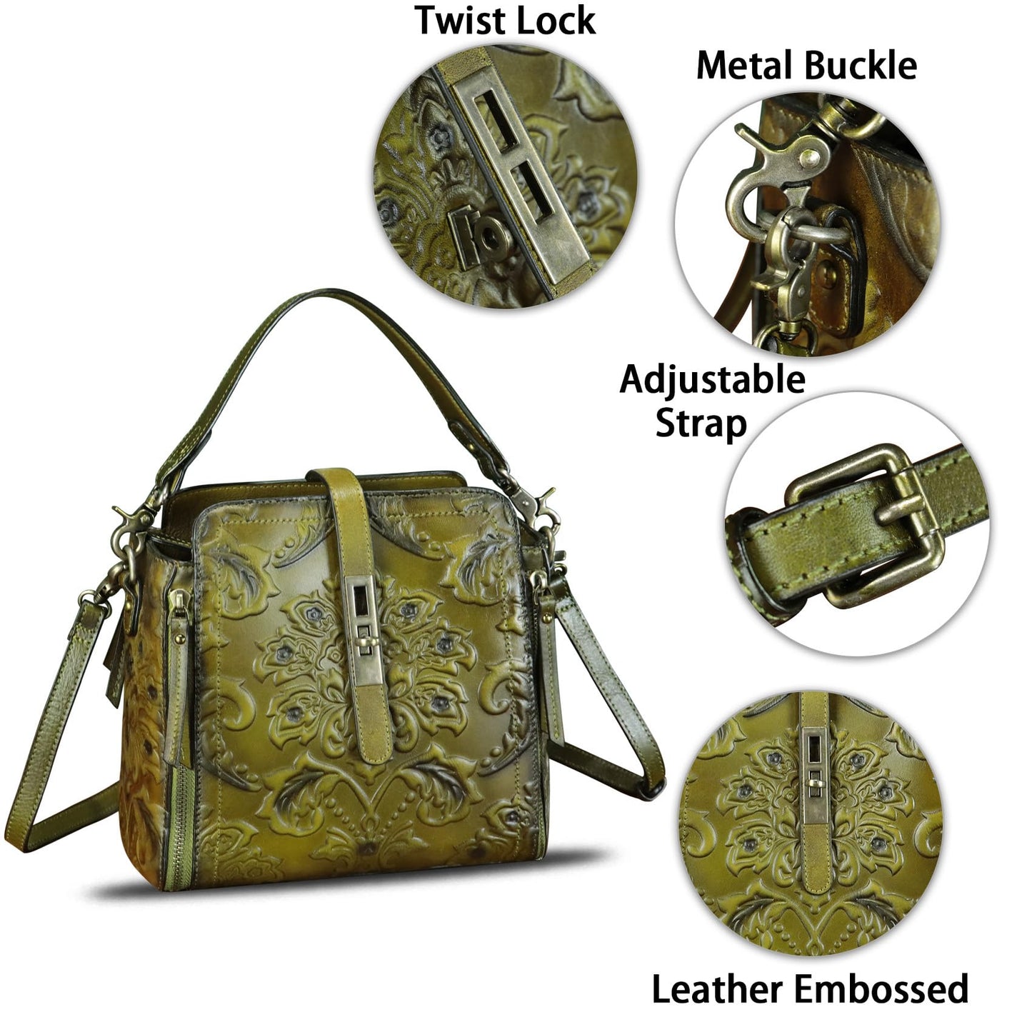 LRTO Genuine Leather Purses and Handbags for Women Retro Embossed Crossbody Shoulder Bag Satchel Pouches