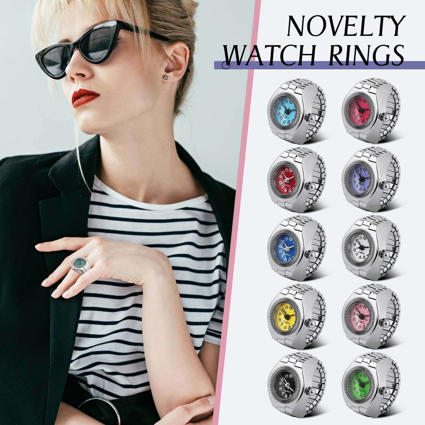 Landical 10 Pcs Finger Watches for Women Men Adjustable Clock Rings Bulk Creative Elastic Round Quartz Finger Watches