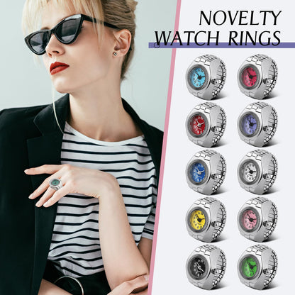 Landical 10 Pcs Finger Watches for Women Men Adjustable Clock Rings Bulk Creative Elastic Round Quartz Finger Watches