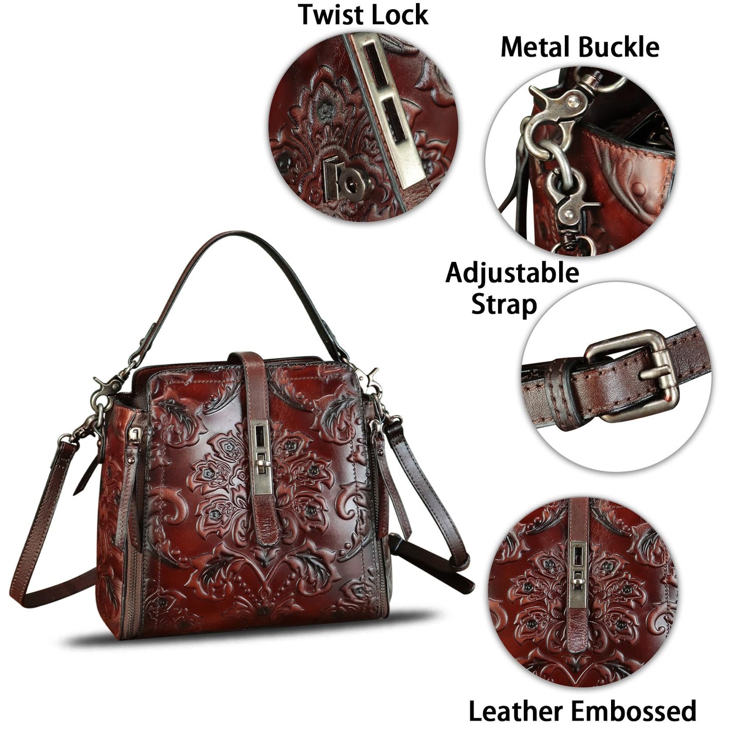 LRTO Genuine Leather Purses and Handbags for Women Retro Embossed Crossbody Shoulder Bag Satchel Pouches