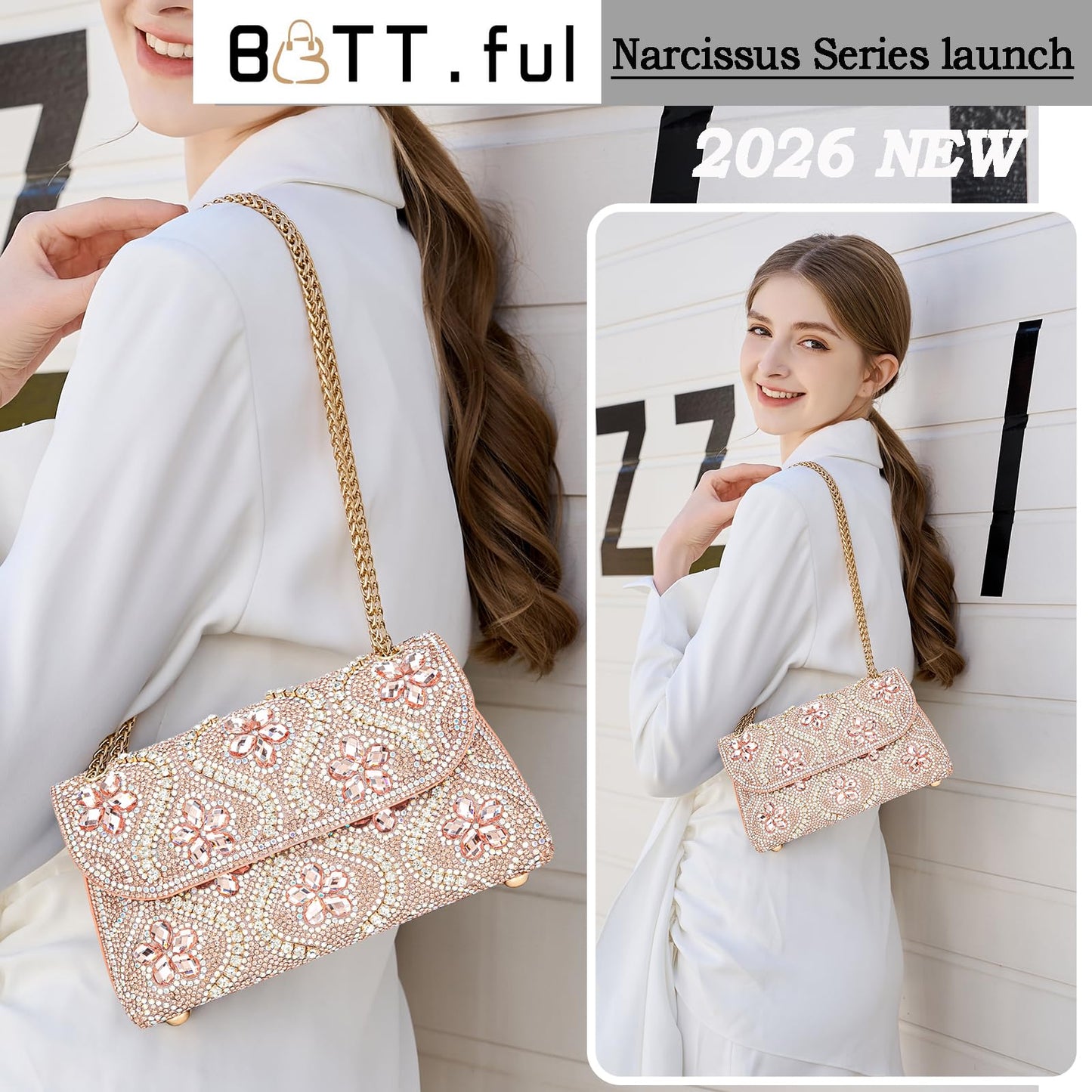 Flower Evening Handbags Chain Strap Square Shoulder Bag Crossbody Bag Crystals Rhinestone Clutch Purse