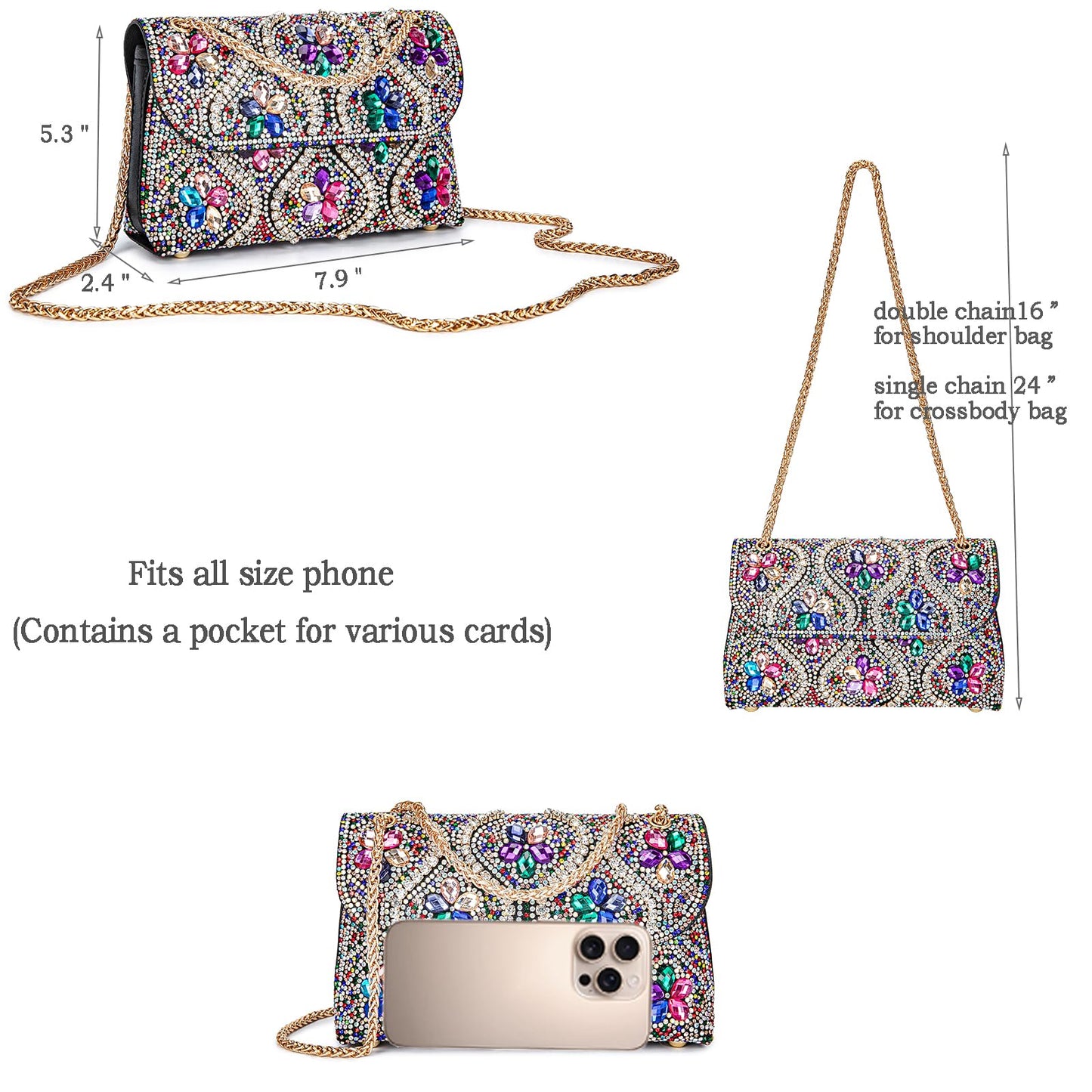 Flower Evening Handbags Chain Strap Square Shoulder Bag Crossbody Bag Crystals Rhinestone Clutch Purse