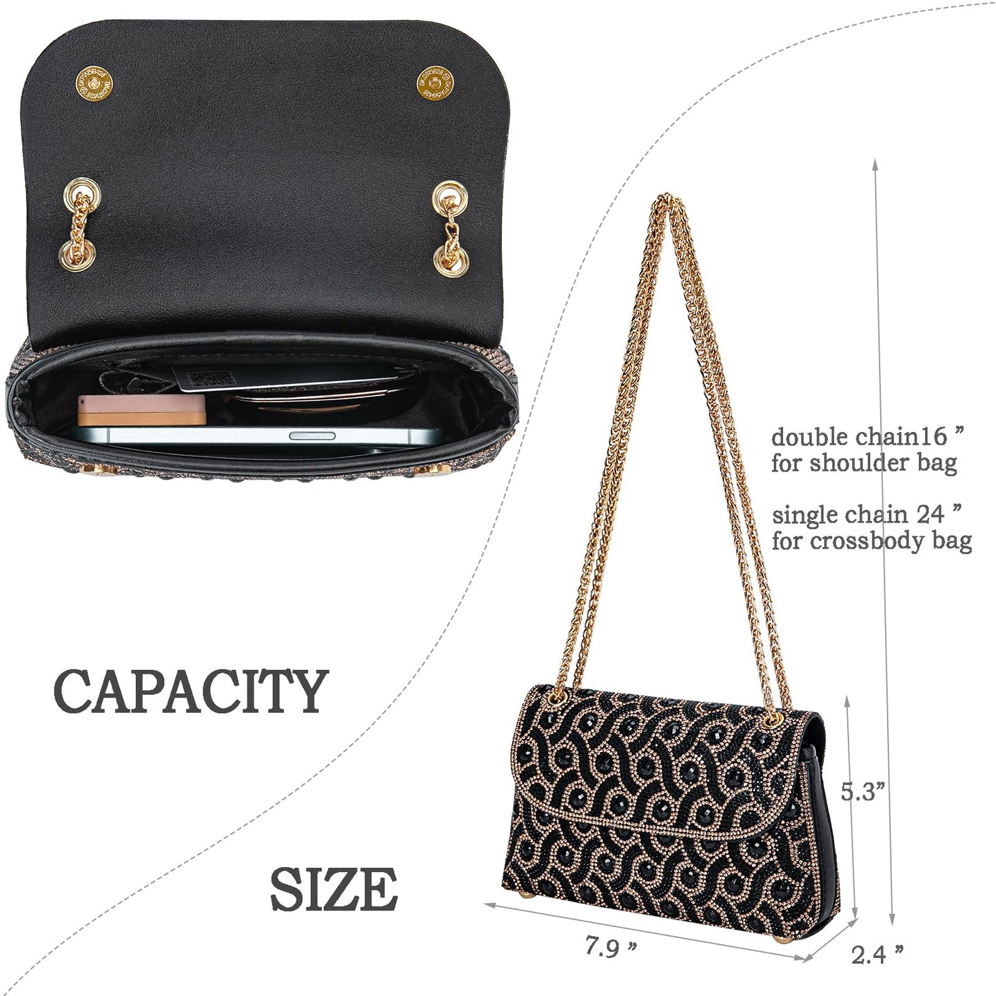 Flower Evening Handbags Chain Strap Square Shoulder Bag Crossbody Bag Crystals Rhinestone Clutch Purse
