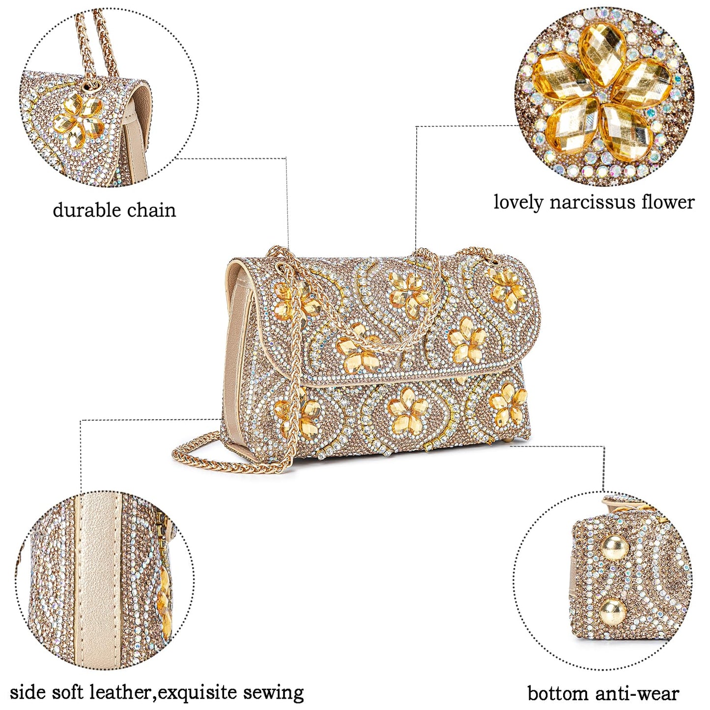 Flower Evening Handbags Chain Strap Square Shoulder Bag Crossbody Bag Crystals Rhinestone Clutch Purse