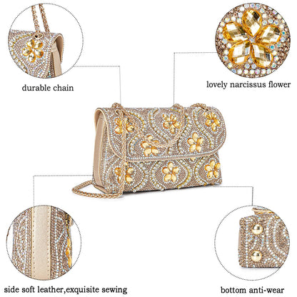 Flower Evening Handbags Chain Strap Square Shoulder Bag Crossbody Bag Crystals Rhinestone Clutch Purse
