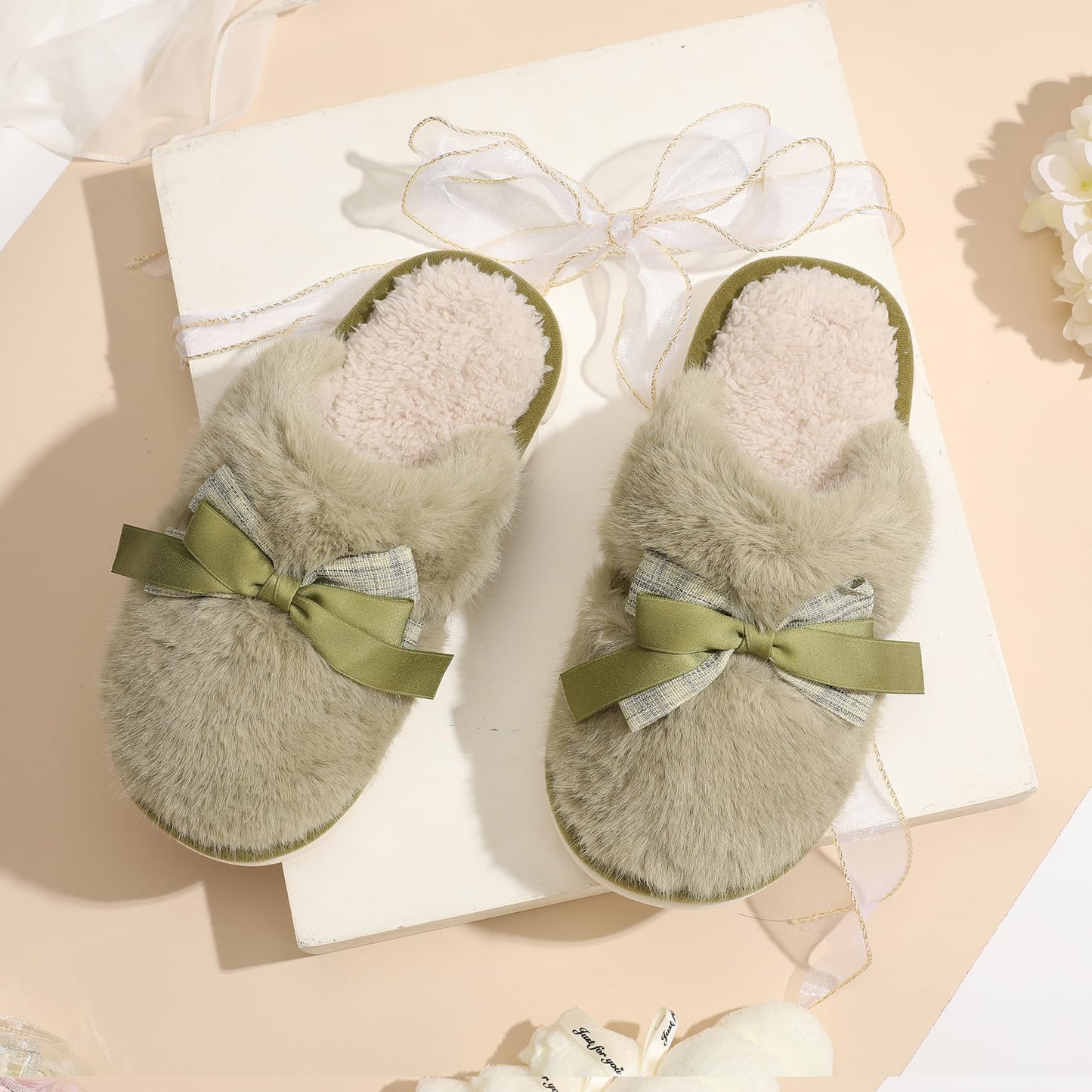 Cute Women's Memory Foam House Slippers - Fuzzy Plush Faux Fur Slippers with Bow Butterfly Tie - Anti-Skid Indoor/Outdoor Gifts for Women, Moms & Ladies