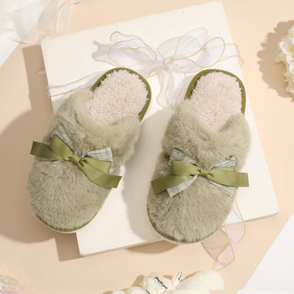 Cute Women's Memory Foam House Slippers - Fuzzy Plush Faux Fur Slippers with Bow Butterfly Tie - Anti-Skid Indoor/Outdoor Gifts for Women, Moms & Ladies