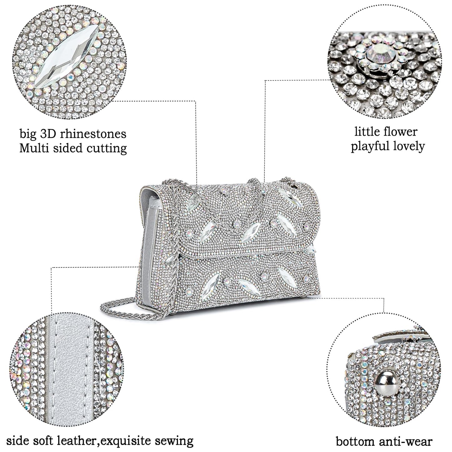 Flower Evening Handbags Chain Strap Square Shoulder Bag Crossbody Bag Crystals Rhinestone Clutch Purse