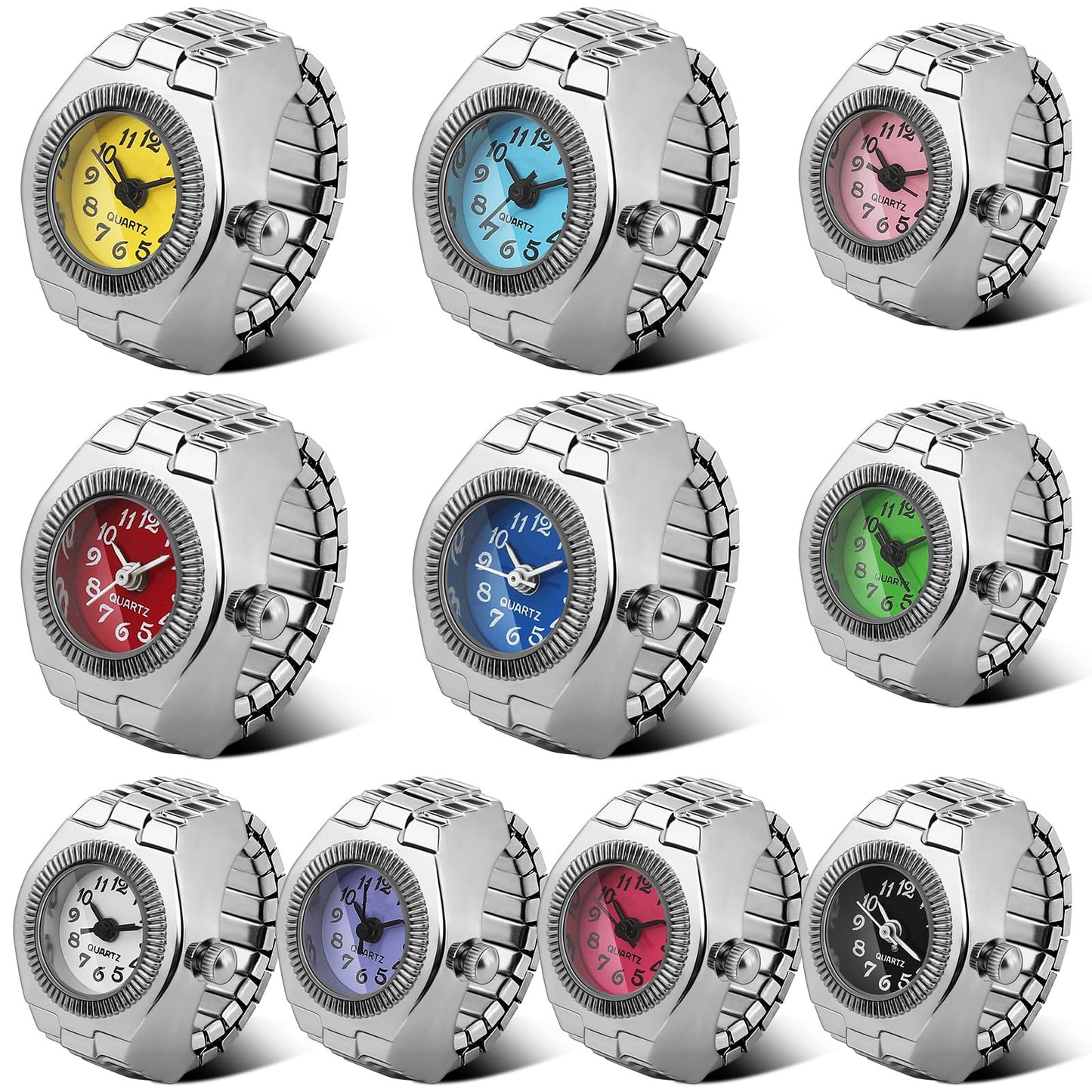 Landical 10 Pcs Finger Watches for Women Men Adjustable Clock Rings Bulk Creative Elastic Round Quartz Finger Watches