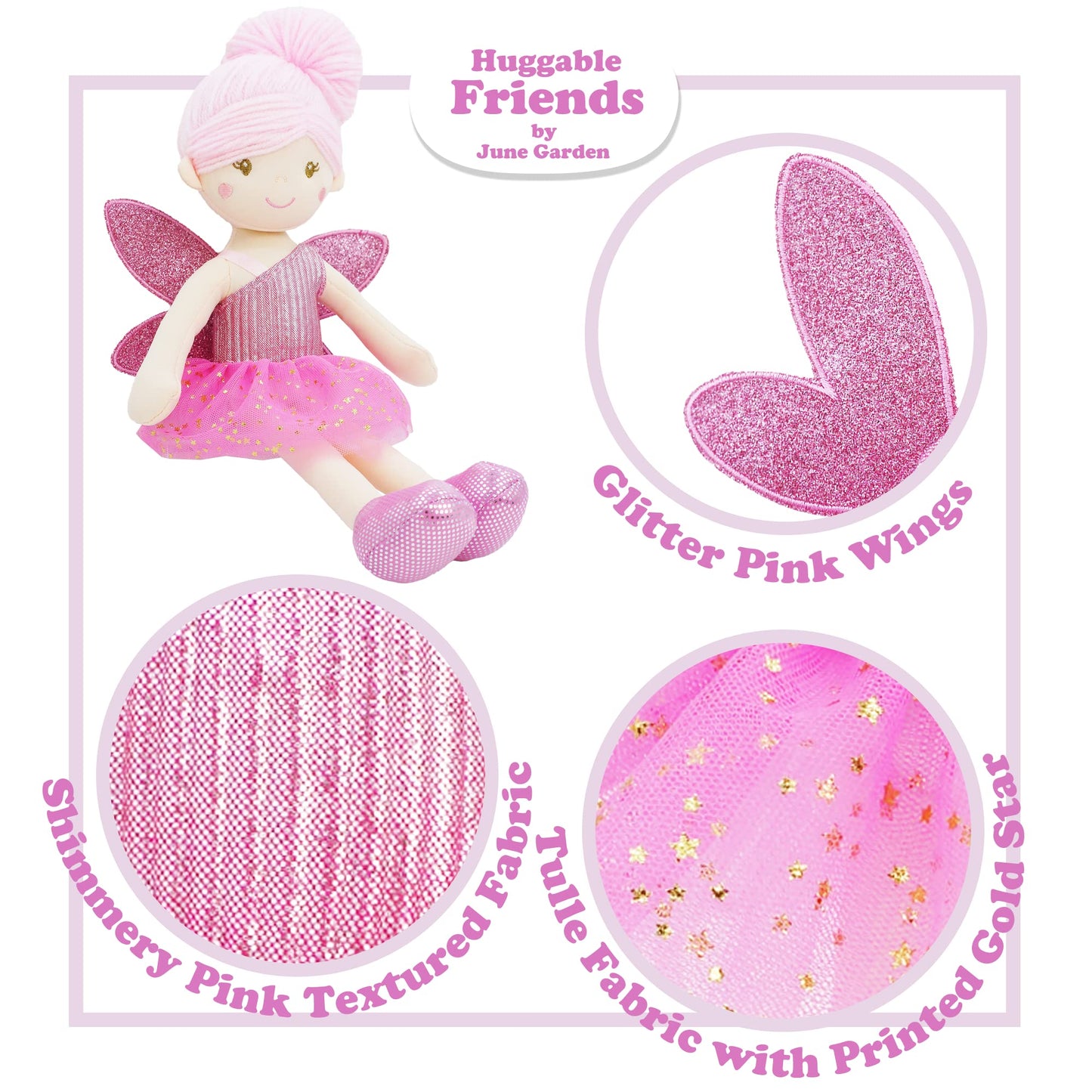 June Garden 18" Ballerina Plush Doll Rosalie - Soft Pink Hair Doll in Floral Dress & Tulle Skirt with Ballet Shoes - Gift for Girls & Toddlers