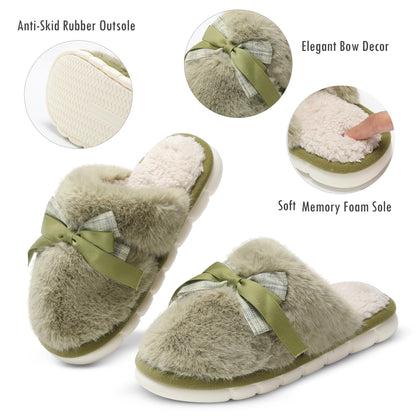 Cute Women's Memory Foam House Slippers - Fuzzy Plush Faux Fur Slippers with Bow Butterfly Tie - Anti-Skid Indoor/Outdoor Gifts for Women, Moms & Ladies