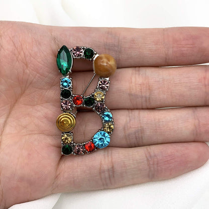 Initial Brooch A to Z 26 English Letters Plated Metal Stone Clear Colorful Crystal Lapel Pin Brooches Collar