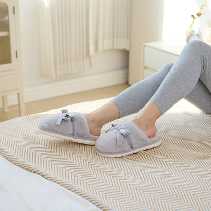 Cute Women's Memory Foam House Slippers - Fuzzy Plush Faux Fur Slippers with Bow Butterfly Tie - Anti-Skid Indoor/Outdoor Gifts for Women, Moms & Ladies