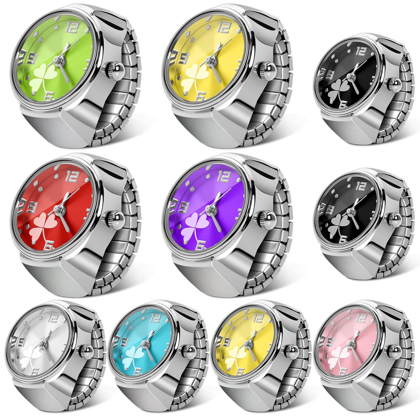 Landical 10 Pcs Finger Watches for Women Men Adjustable Clock Rings Bulk Creative Elastic Round Quartz Finger Watches
