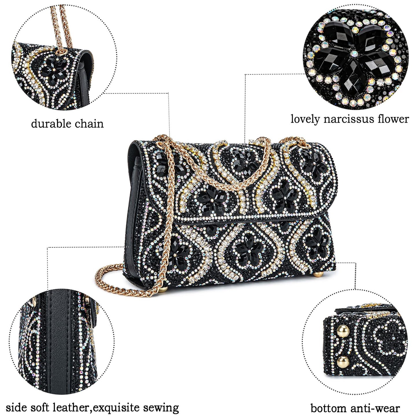Flower Evening Handbags Chain Strap Square Shoulder Bag Crossbody Bag Crystals Rhinestone Clutch Purse