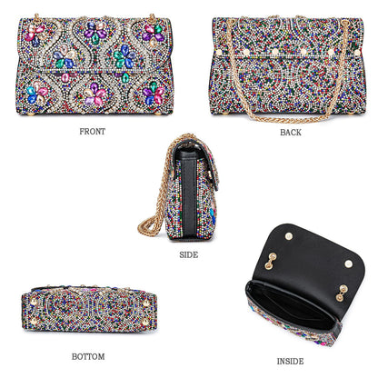 Flower Evening Handbags Chain Strap Square Shoulder Bag Crossbody Bag Crystals Rhinestone Clutch Purse