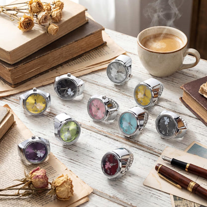 Landical 10 Pcs Finger Watches for Women Men Adjustable Clock Rings Bulk Creative Elastic Round Quartz Finger Watches