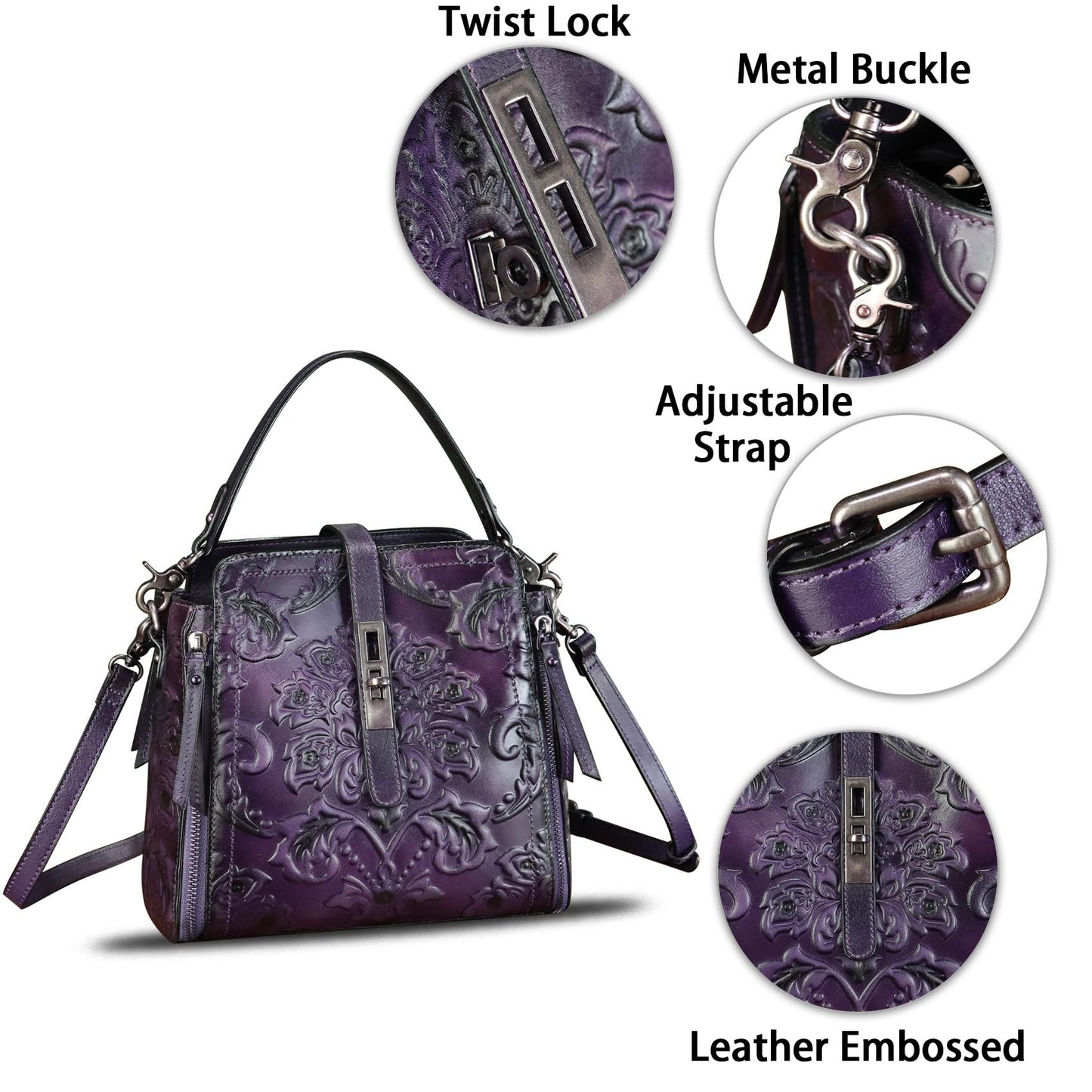 LRTO Genuine Leather Purses and Handbags for Women Retro Embossed Crossbody Shoulder Bag Satchel Pouches
