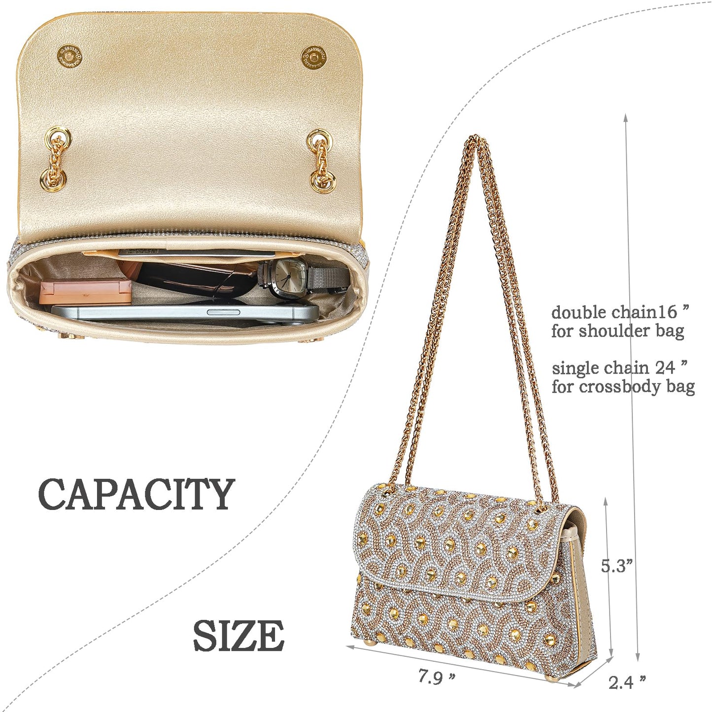 Flower Evening Handbags Chain Strap Square Shoulder Bag Crossbody Bag Crystals Rhinestone Clutch Purse