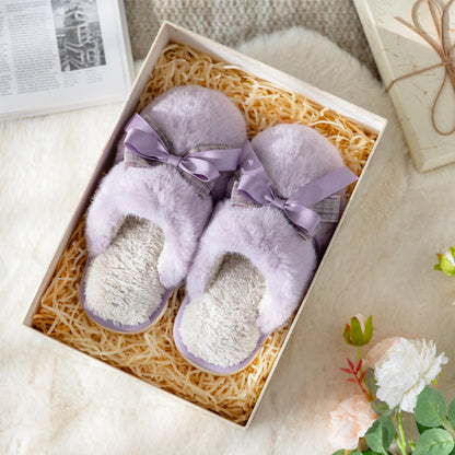 Cute Women's Memory Foam House Slippers - Fuzzy Plush Faux Fur Slippers with Bow Butterfly Tie - Anti-Skid Indoor/Outdoor Gifts for Women, Moms & Ladies