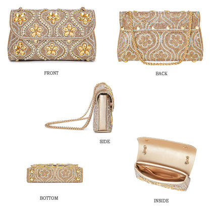 Flower Evening Handbags Chain Strap Square Shoulder Bag Crossbody Bag Crystals Rhinestone Clutch Purse