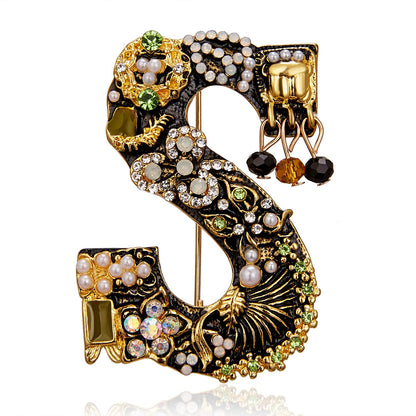 Initial Brooch Crystal Pearl Initial Brooch Gold Plated Enamel Colorful Letter Alphabet Breastpin Pin Jewelry for GIFTS