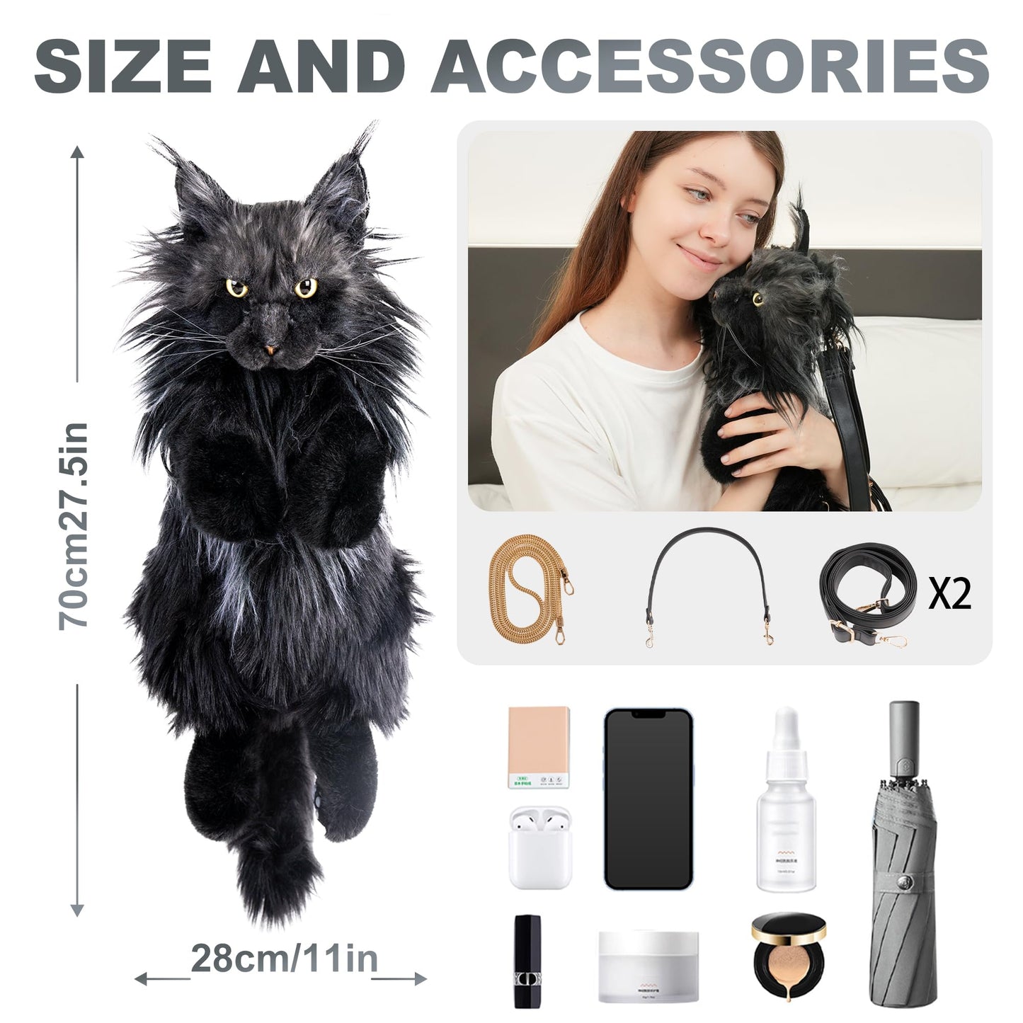 Chongker Cat Shaped Backpack - Handcrafted Stuffed Animals Plush Bag with Adjustable Shoulder, Crossbody, and Handbag Straps (MaineCoon Cat)