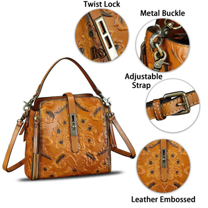 LRTO Genuine Leather Purses and Handbags for Women Retro Embossed Crossbody Shoulder Bag Satchel Pouches