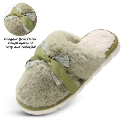 Cute Women's Memory Foam House Slippers - Fuzzy Plush Faux Fur Slippers with Bow Butterfly Tie - Anti-Skid Indoor/Outdoor Gifts for Women, Moms & Ladies