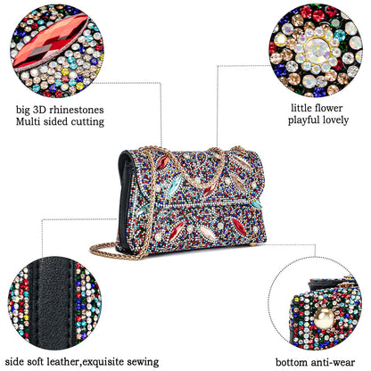 Flower Evening Handbags Chain Strap Square Shoulder Bag Crossbody Bag Crystals Rhinestone Clutch Purse