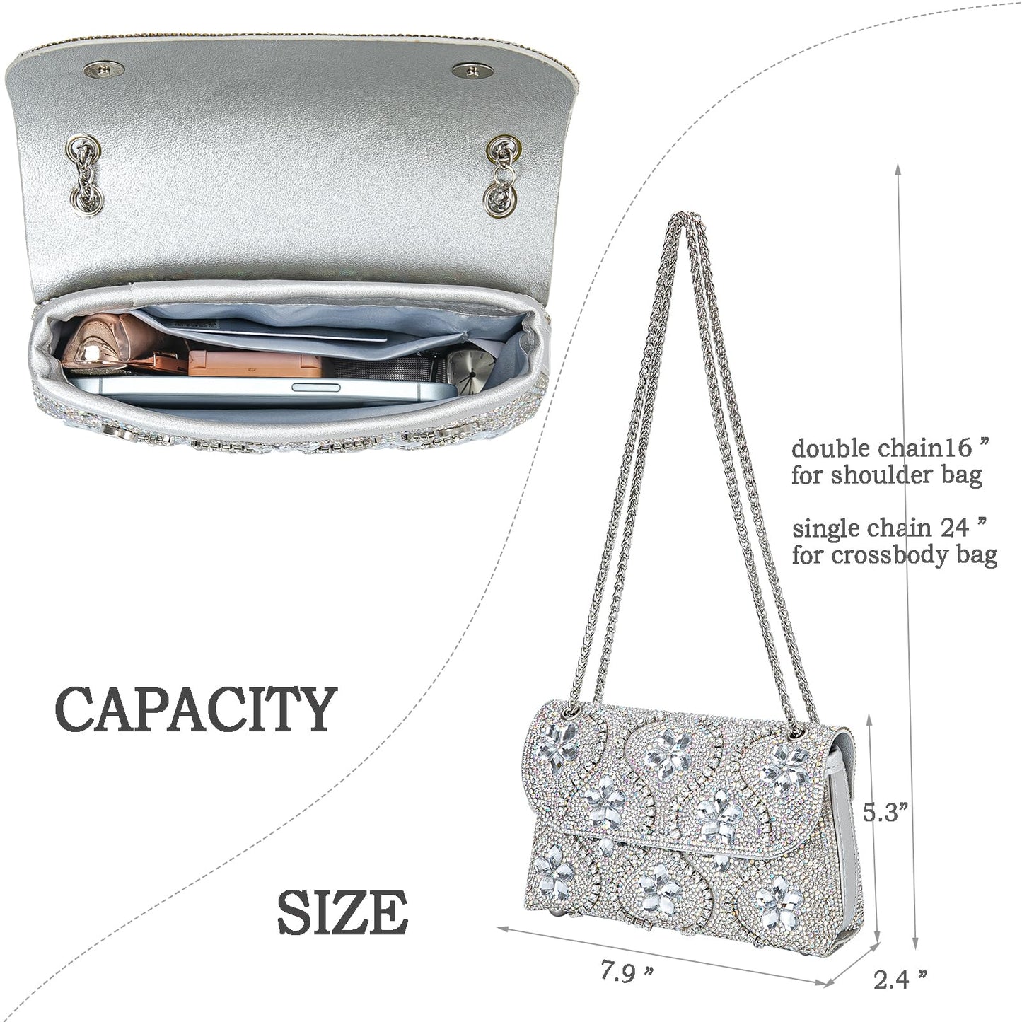 Flower Evening Handbags Chain Strap Square Shoulder Bag Crossbody Bag Crystals Rhinestone Clutch Purse
