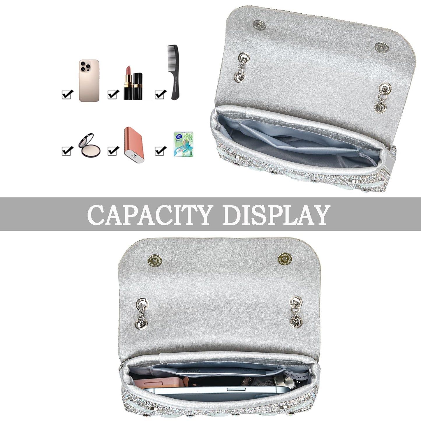Flower Evening Handbags Chain Strap Square Shoulder Bag Crossbody Bag Crystals Rhinestone Clutch Purse