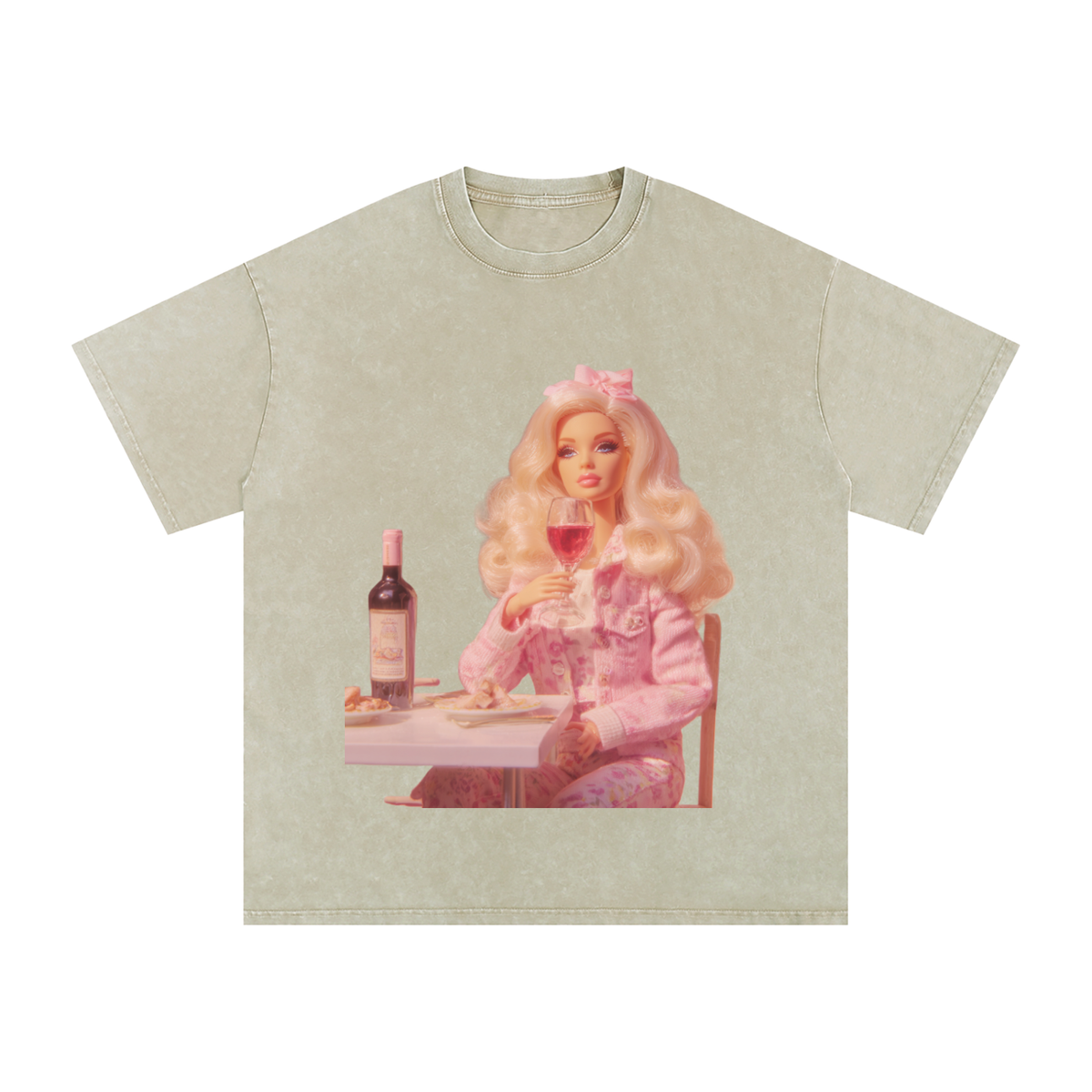 Funny Barbie with a Wine Glass Snow Washed Oversized Cotton T-Shirt