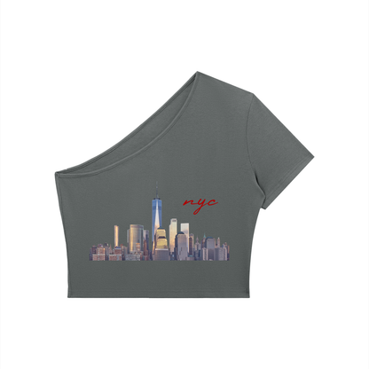 Women's One-Shoulder Crop T-Shirt with NYC Skyline Print